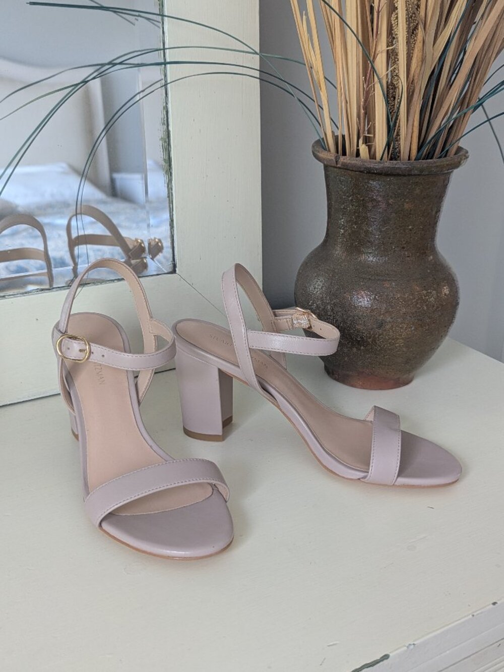 Stuart Weitzman Dancer 75 Block Heel Leather Sandals Dolce Blush Taupe Size EU36